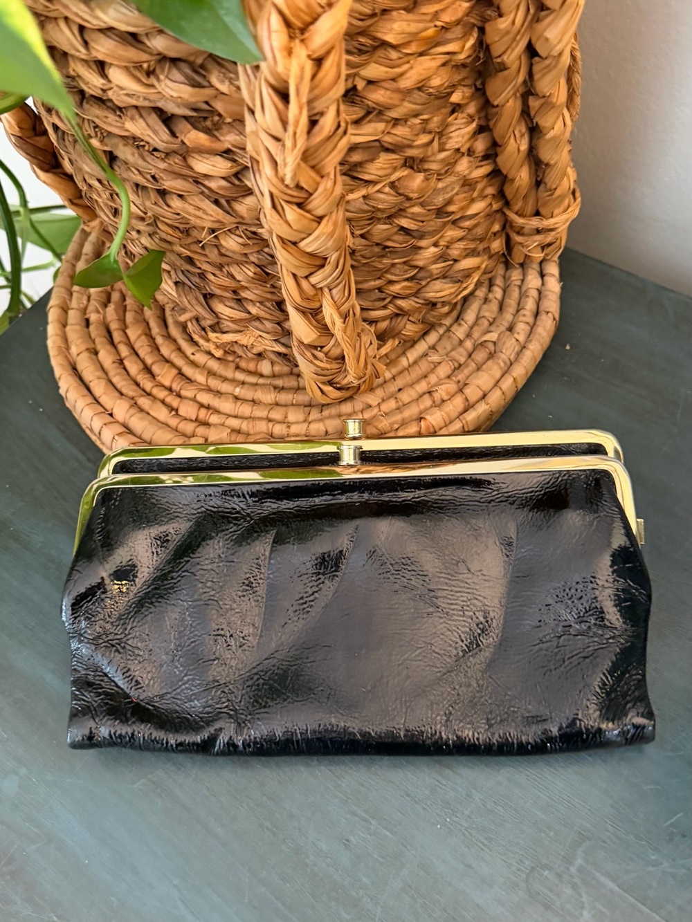 HOBO double wallet black with polka dots black and white lining.